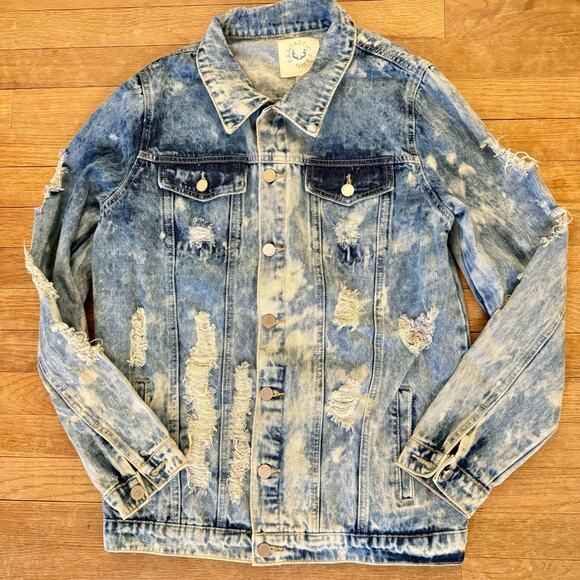 Fantastic Fawn blue white distressed denim jacket size large L 
b15 - Picture 3 of 10